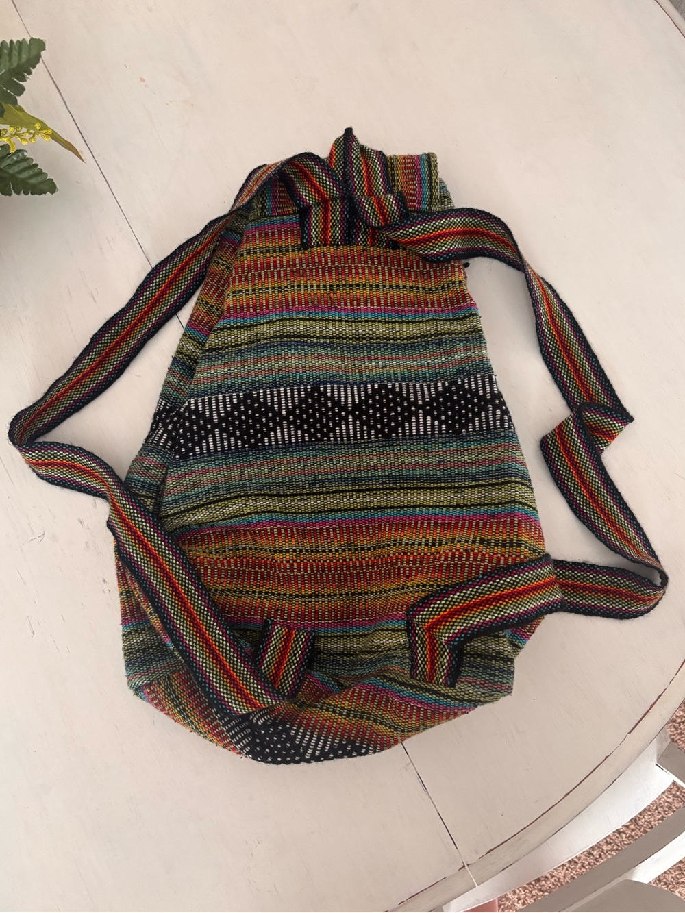 Handwoven Multicolor Boho Drawstring Backpack - Picture 2 of 5